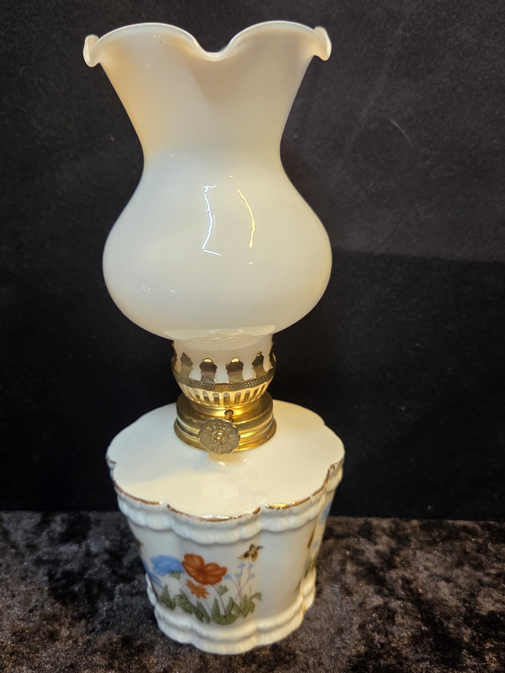 Vintage White Milk Glass Lantern Miniature Kerosene Lamp Floral & Butterfly 8" C